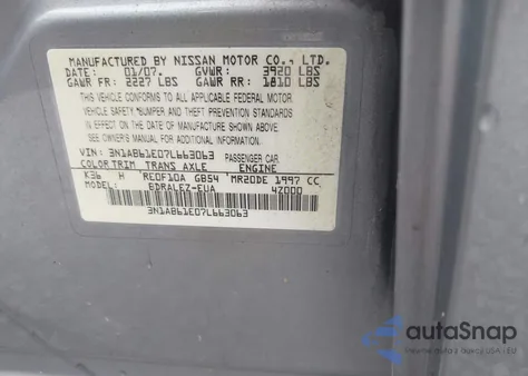 2007 Nissan Sentra 2.0S z USA, uszkodzony, nr VIN 3N1AB61E07L663063